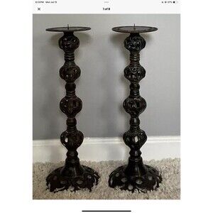 Church Altar Candlesticks 18” High Iron Antique Bronze Rare Vintage Pair 2